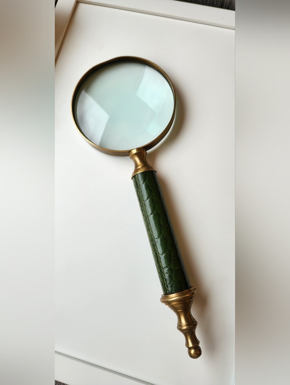 Brass and Green Leather Handle Magnifying Glass - Home Accent